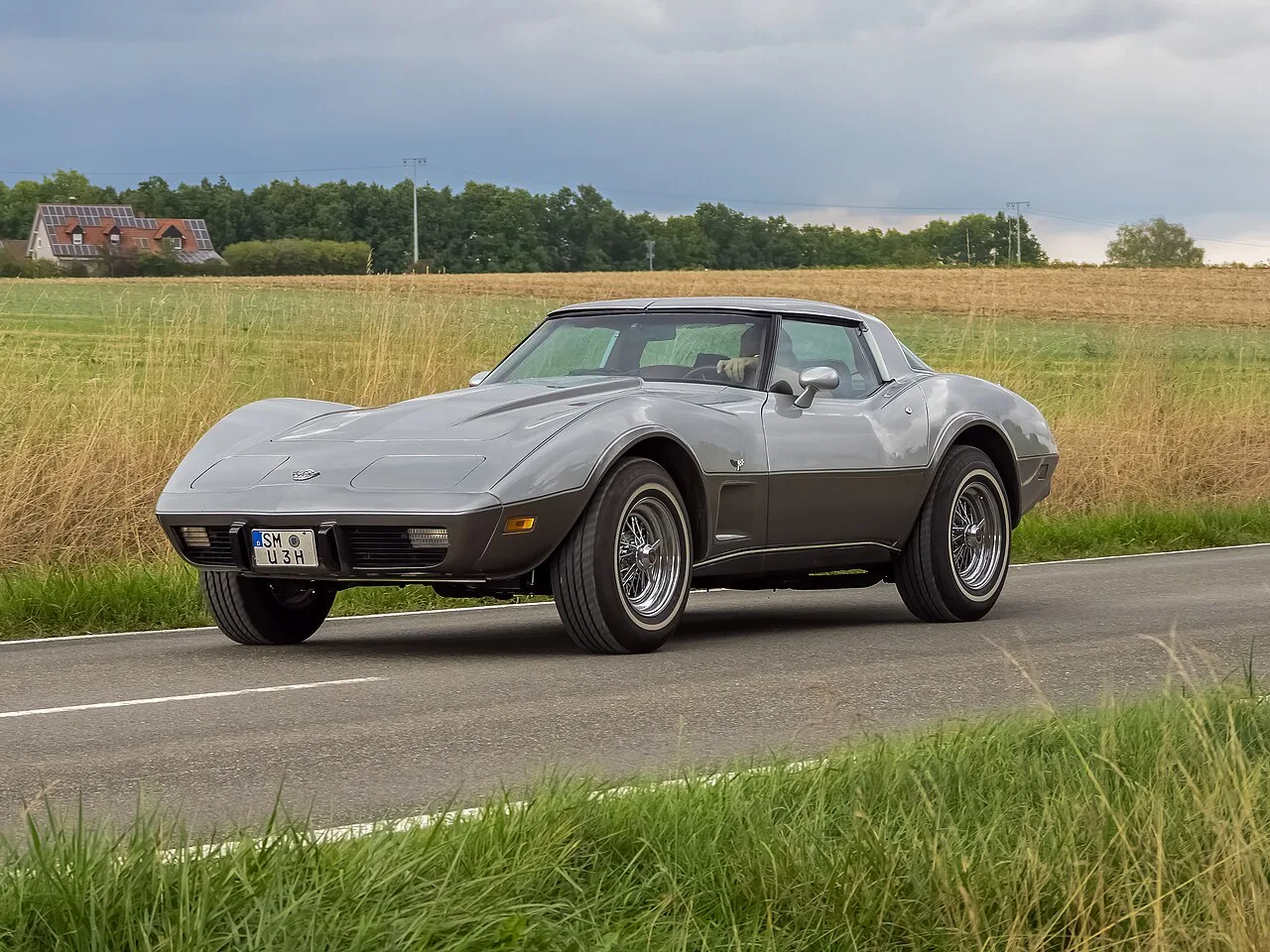 Een tweekleurige zilvergrijze Chevrolet Corvette C3 in Silver Anniversary-stijl (1978)
