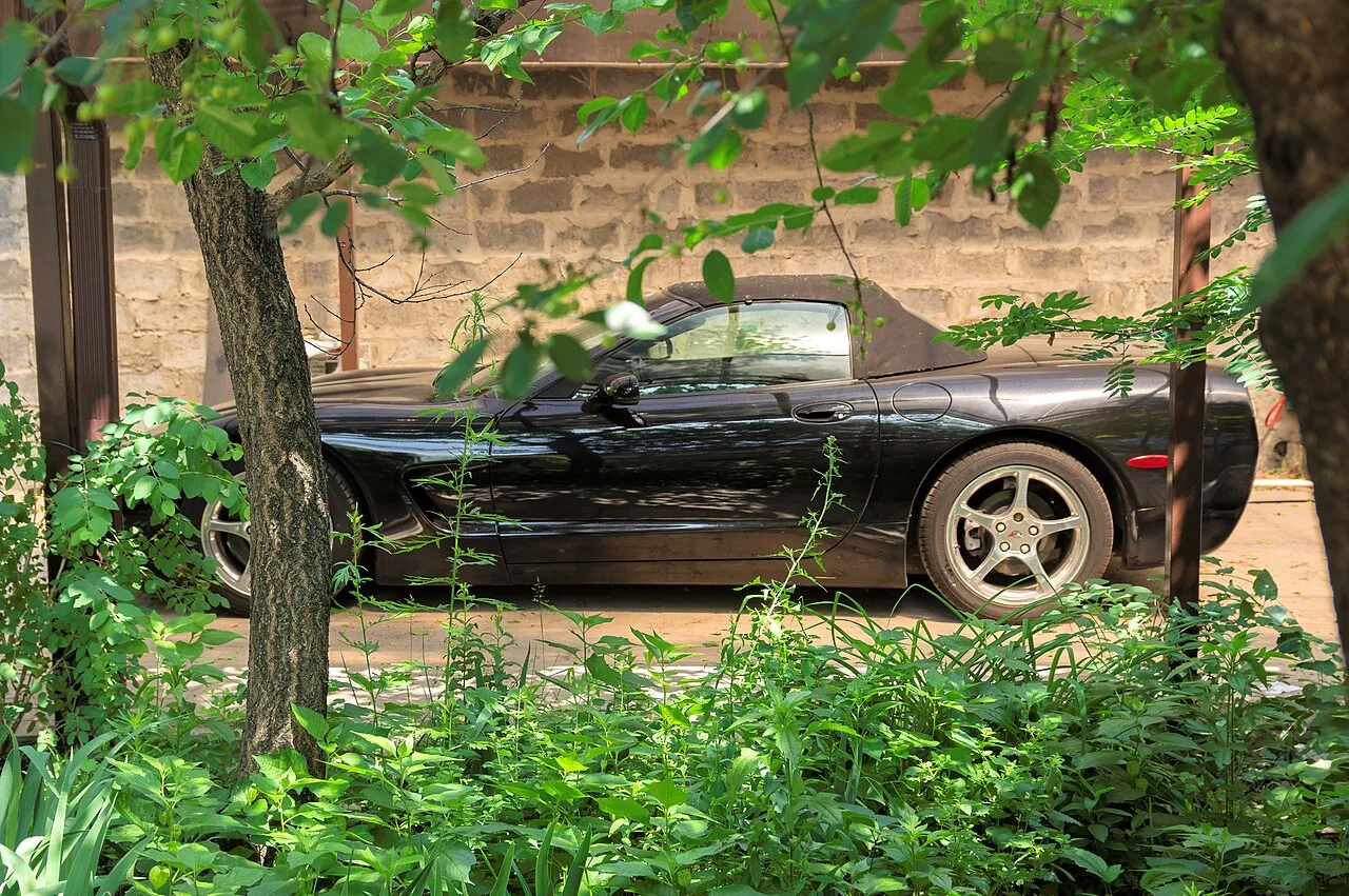 Gele Chevrolet Corvette C5 Convertible met neergelaten softtop op een zonnige snelweg